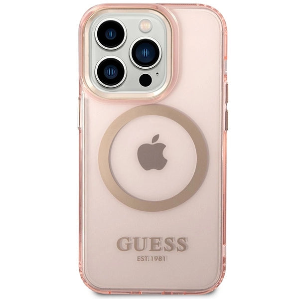 Guess GUHMP14XHTCMP iPhone 14 Pro Max 6.7" pink/pink hard case Gold Outline Translucent MagSafe