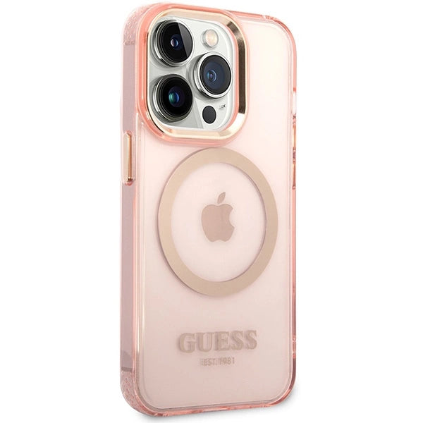 Guess GUHMP14XHTCMP iPhone 14 Pro Max 6.7" pink/pink hard case Gold Outline Translucent MagSafe
