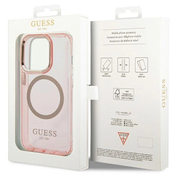 Guess GUHMP14XHTCMP iPhone 14 Pro Max 6.7" pink/pink hard case Gold Outline Translucent MagSafe