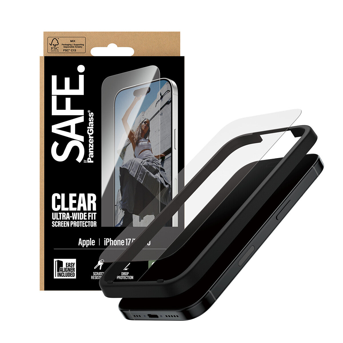 PanzerGlass SAFE. by ® Skærmbeskyttelse iPhone 17 | iPhone 16 Pro | Ultra-Wide Fit m. EasyAligner