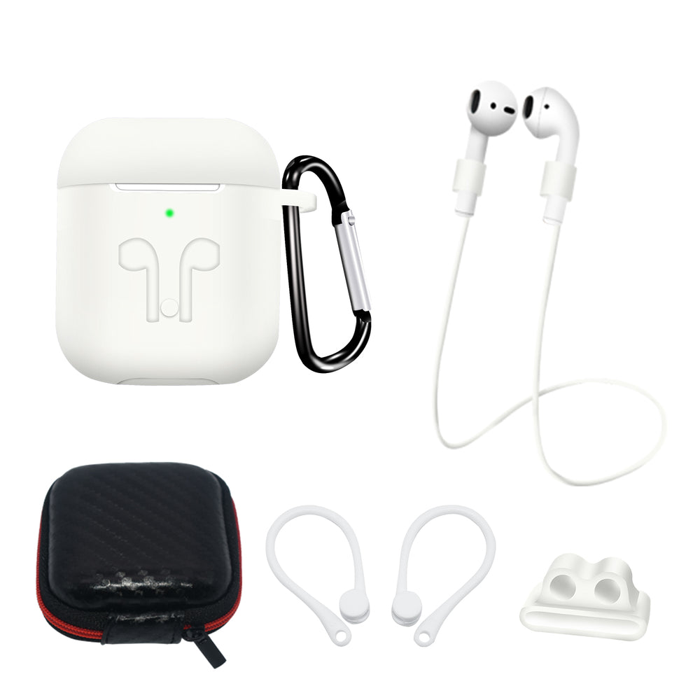 Silicone Case Set til AirPods 2 / AirPods 1 + Case / Ear Hook / Neck Strap / Watch Strap Holder / Carabiner - hvid