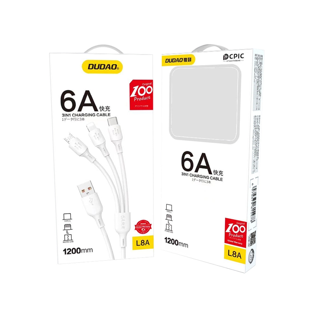 USB-kabel - USB C / micro USB / Lightning 480Mb/s 6A 1,2m - hvid