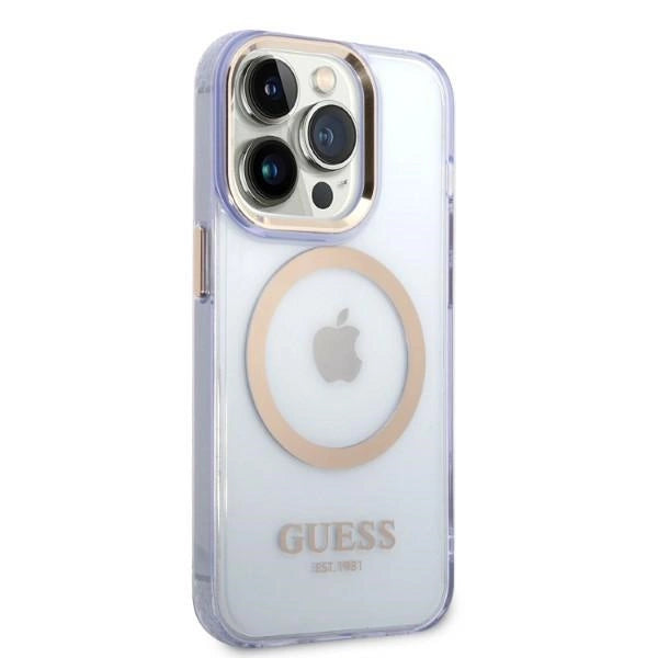Guess GUHMP14LHTCMU iPhone 14 Pro 6.1" lilla/lila hårdkasse Gold Outline Gennemskinnelig MagSafe