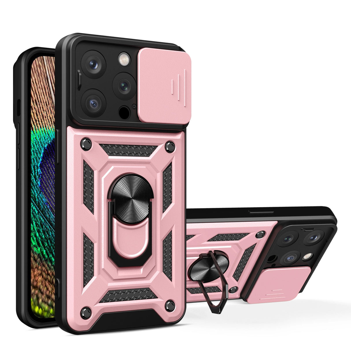 iPhone 15 Pro Max Hybrid Armor Camshield Case med Kickstand og Camera Cover - Pink