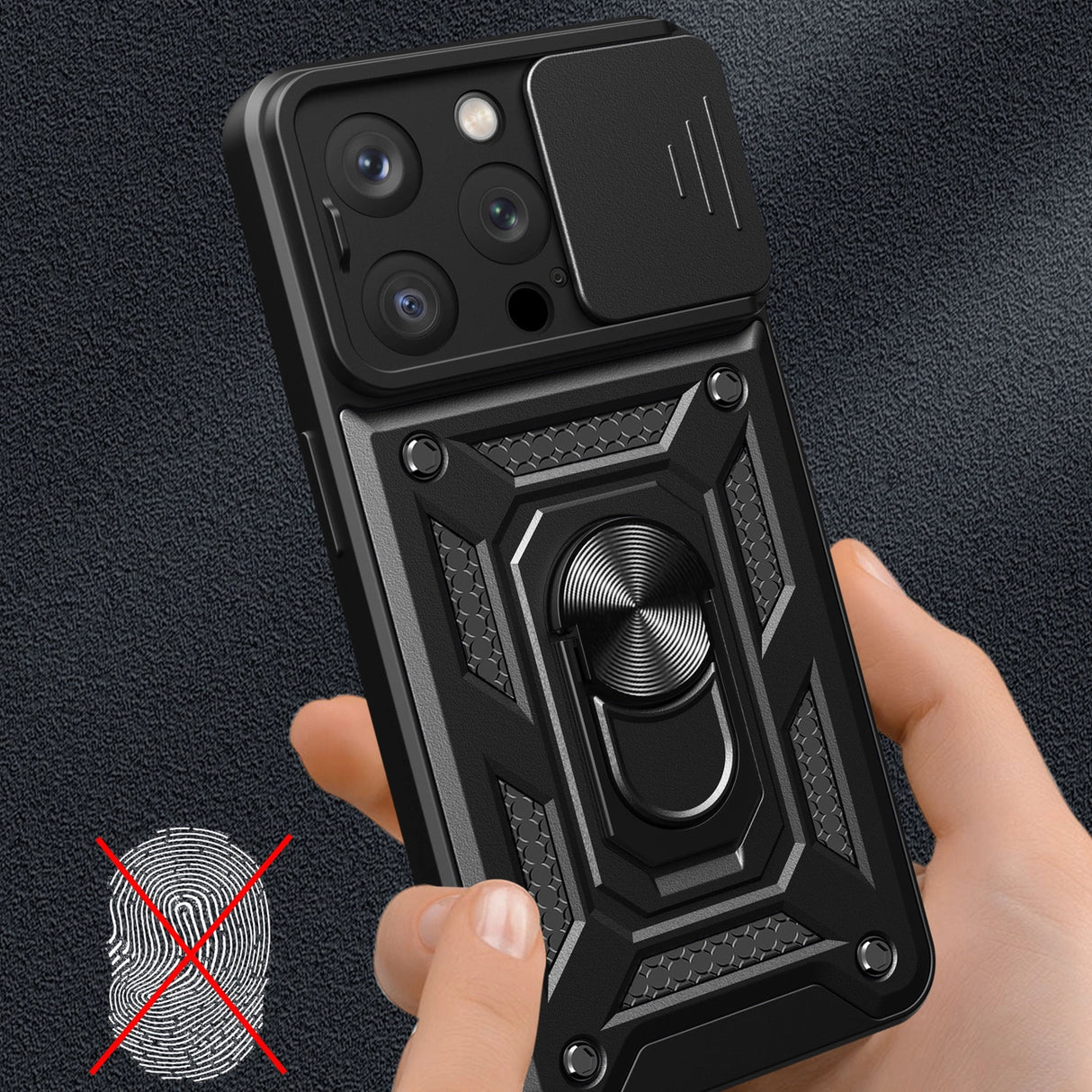 Armor Camshield Case med Stand og Camera Cover til iPhone 15 Pro Max Hybrid Armor Camshield - Blå