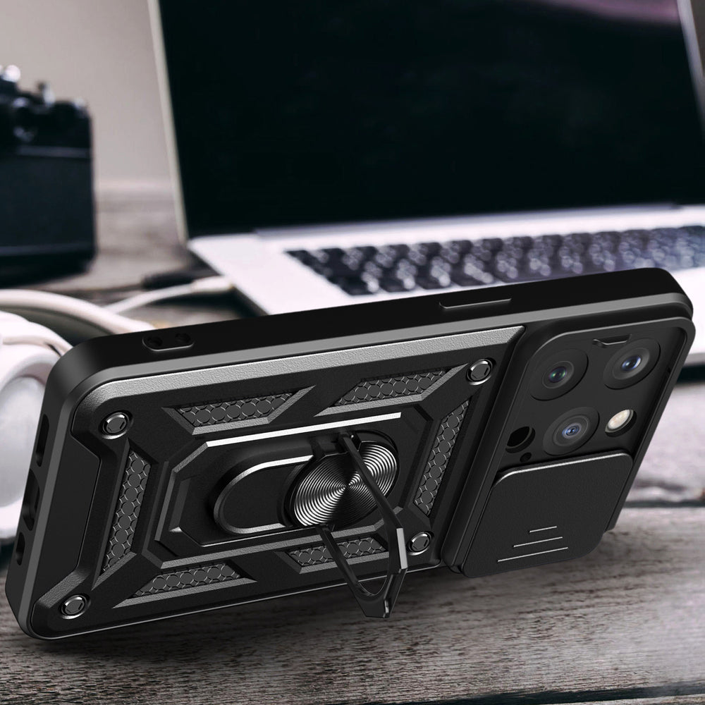 Hybrid Armor Camshield iPhone 15 Pro Case med Kickstand og Camera Cover - Blå