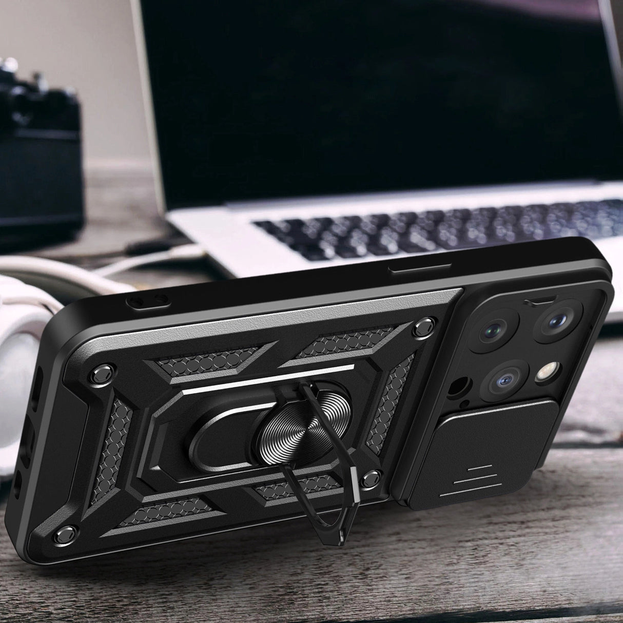 Hybrid Armor Camshield iPhone 15 Pro Case med Kickstand og Camera Cover - Blå