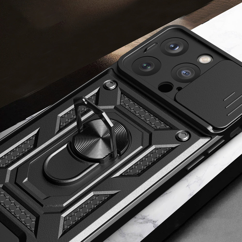 Hybrid Armor Camshield iPhone 15 Pro Case med Kickstand og Camera Cover - Blå