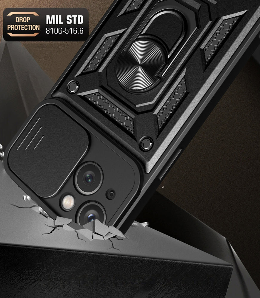 Hybrid Armor Camshield Case med Stand og Camera Cover til iPhone 15 Plus - sort