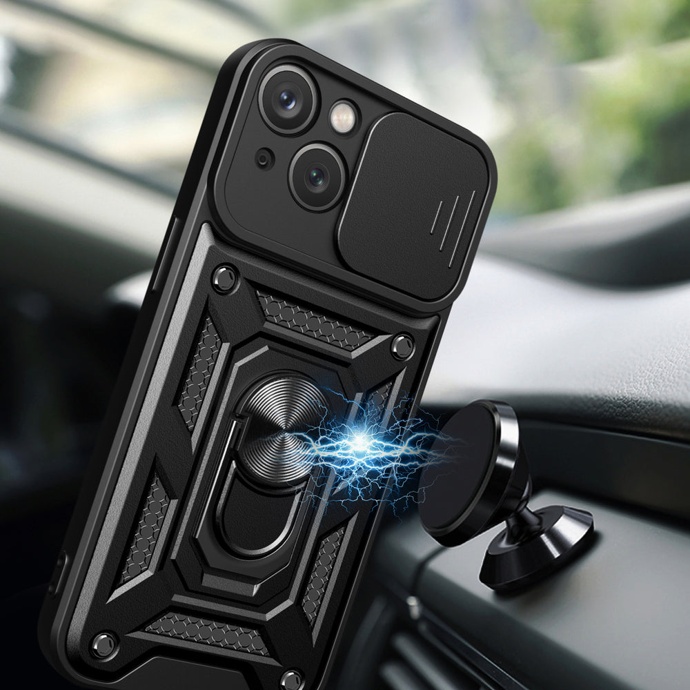 Hybrid Armor Camshield Case med Stand og Camera Cover til iPhone 15 Plus - sort
