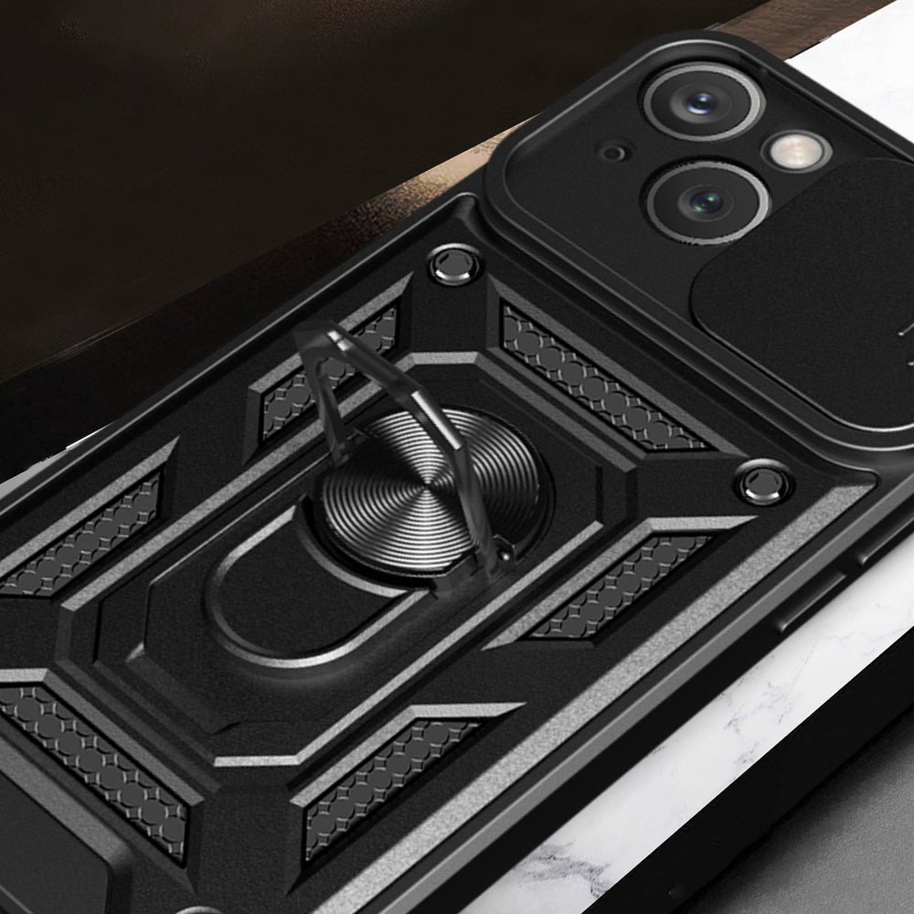 Hybrid Armor Camshield Case med Stand og Camera Cover til iPhone 15 Plus - sort