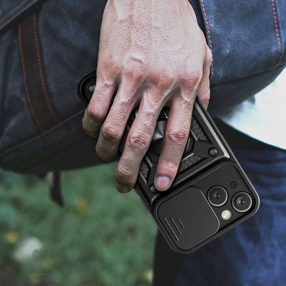 Hybrid Armor Camshield Case med Stand og Camera Cover til iPhone 15 Plus - sort