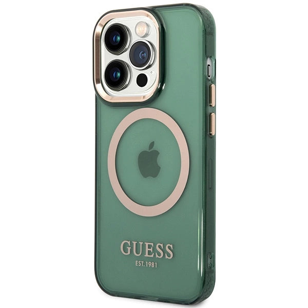 Guess GUHMP14XHTCMA iPhone 14 Pro Max 6,7" grøn/khaki hård forside Guld Outline Gennemskinnelig MagSafe