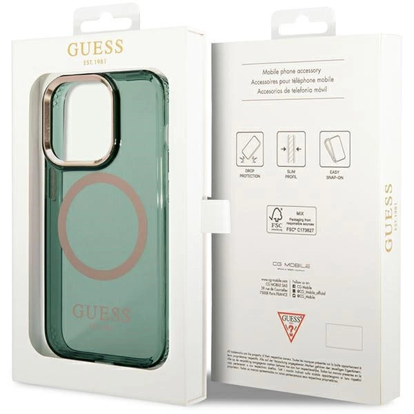 Guess GUHMP14XHTCMA iPhone 14 Pro Max 6,7" grøn/khaki hård forside Guld Outline Gennemskinnelig MagSafe