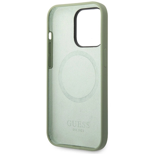 Guess Silicone Logo Plate MagSafe-hylster til iPhone 14 Pro Max - grønt
