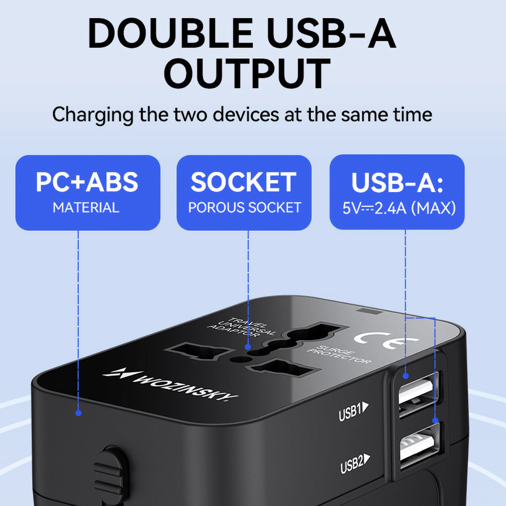Wozinsky WUTWC rejseadapter universel 24W EU / US / AUS / UK / 2x USB-A - sort