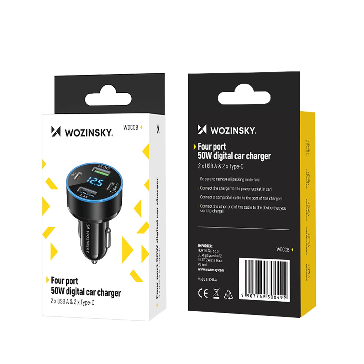 Wozinsky WDCCB Biloplader med skærm 50W 2xUSB-C / 2xUSB-A - sort