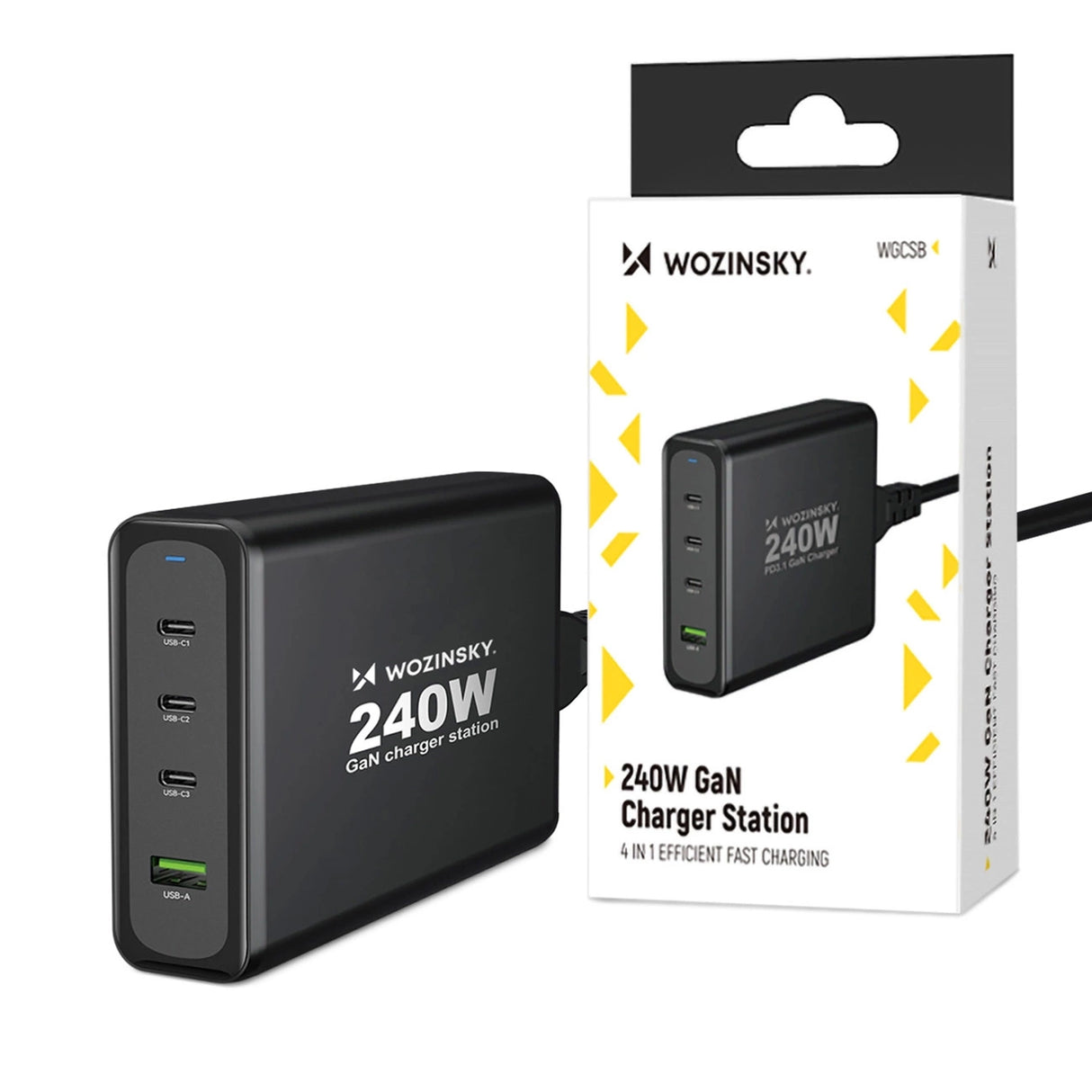 GaN Wozinsky WGCSB 240W USB-A / 3 x USB-C Wall Charger - sort