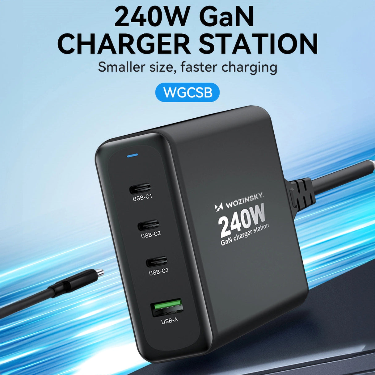 GaN Wozinsky WGCSB 240W USB-A / 3 x USB-C Wall Charger - sort