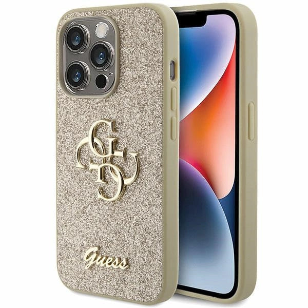 Guess Glitter Script Big 4G iPhone 15 Pro Case - Gold