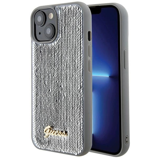 Guess Sequin Script Metallæske til iPhone 15 - sølv