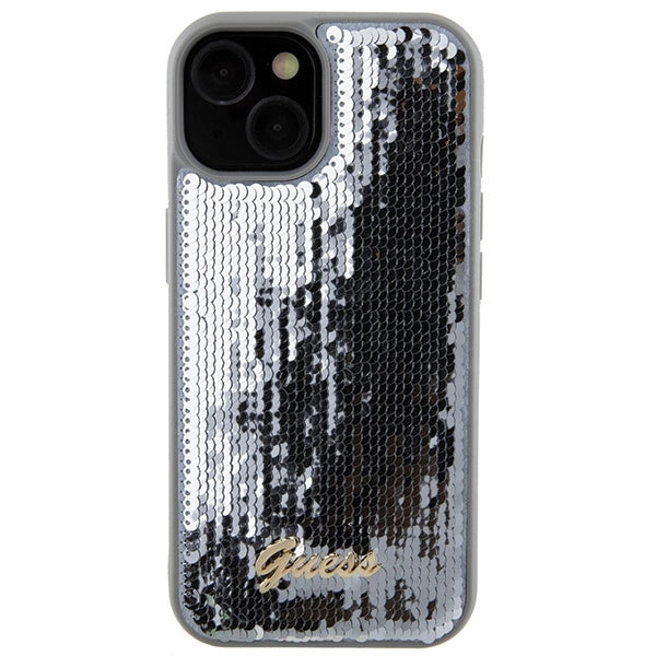 Guess Sequin Script Metallæske til iPhone 15 - sølv