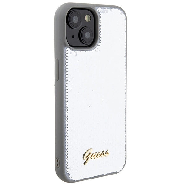 Guess Sequin Script Metallæske til iPhone 15 - sølv