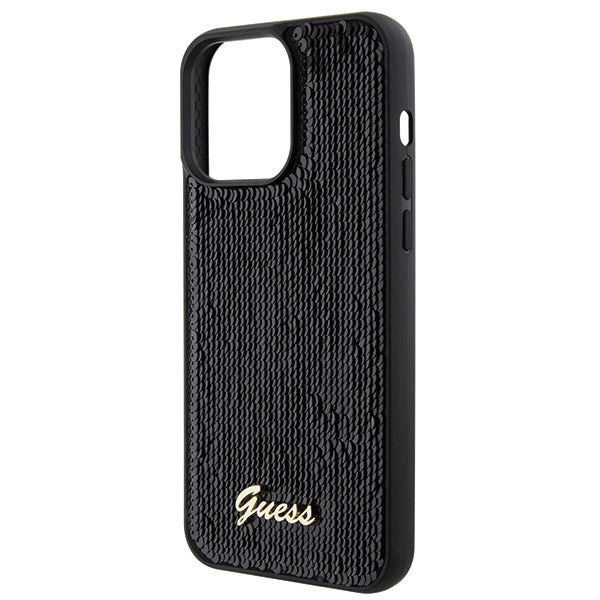 Guess Sequin Script Metallæske til iPhone 15 Pro Max - sort