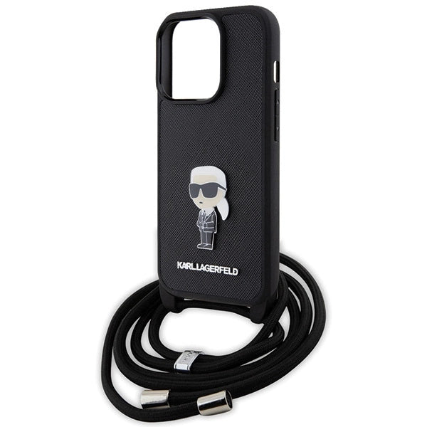 Karl Lagerfeld Crossbody Saffiano Monogram Metal Pin Karl & Choupette Case for iPhone 15 Pro - Black