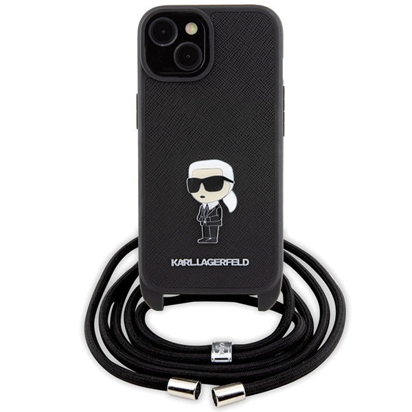 Karl Lagerfeld Crossbody Saffiano Monogram Metal Pin Karl & Choupette Case for iPhone 15 - Black