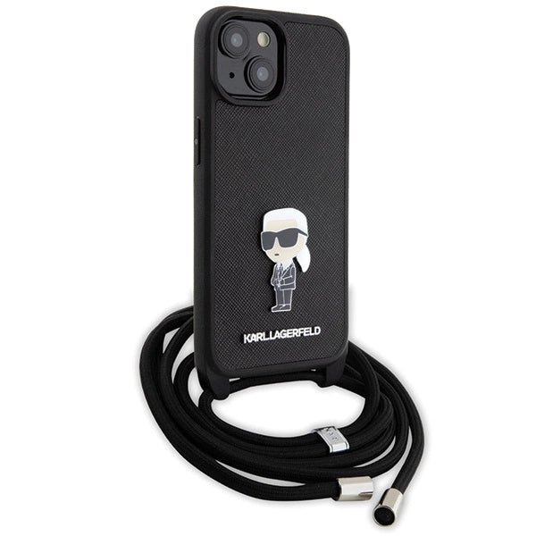 Karl Lagerfeld Crossbody Saffiano Monogram Metal Pin Karl & Choupette Case for iPhone 15 - Black