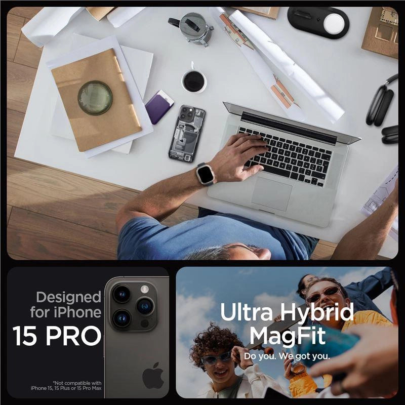 Spigen Ultra Hybrid Mag Case med MagSafe til iPhone 15 Pro - mørkgrå (Zero One mønster)