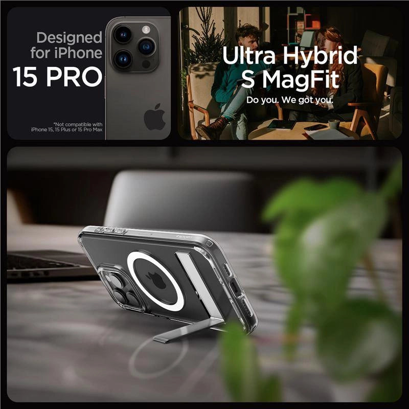 Spigen Ultra Hybrid S MagSafe Case med stativ til iPhone 15 Pro - Gennemsigtig