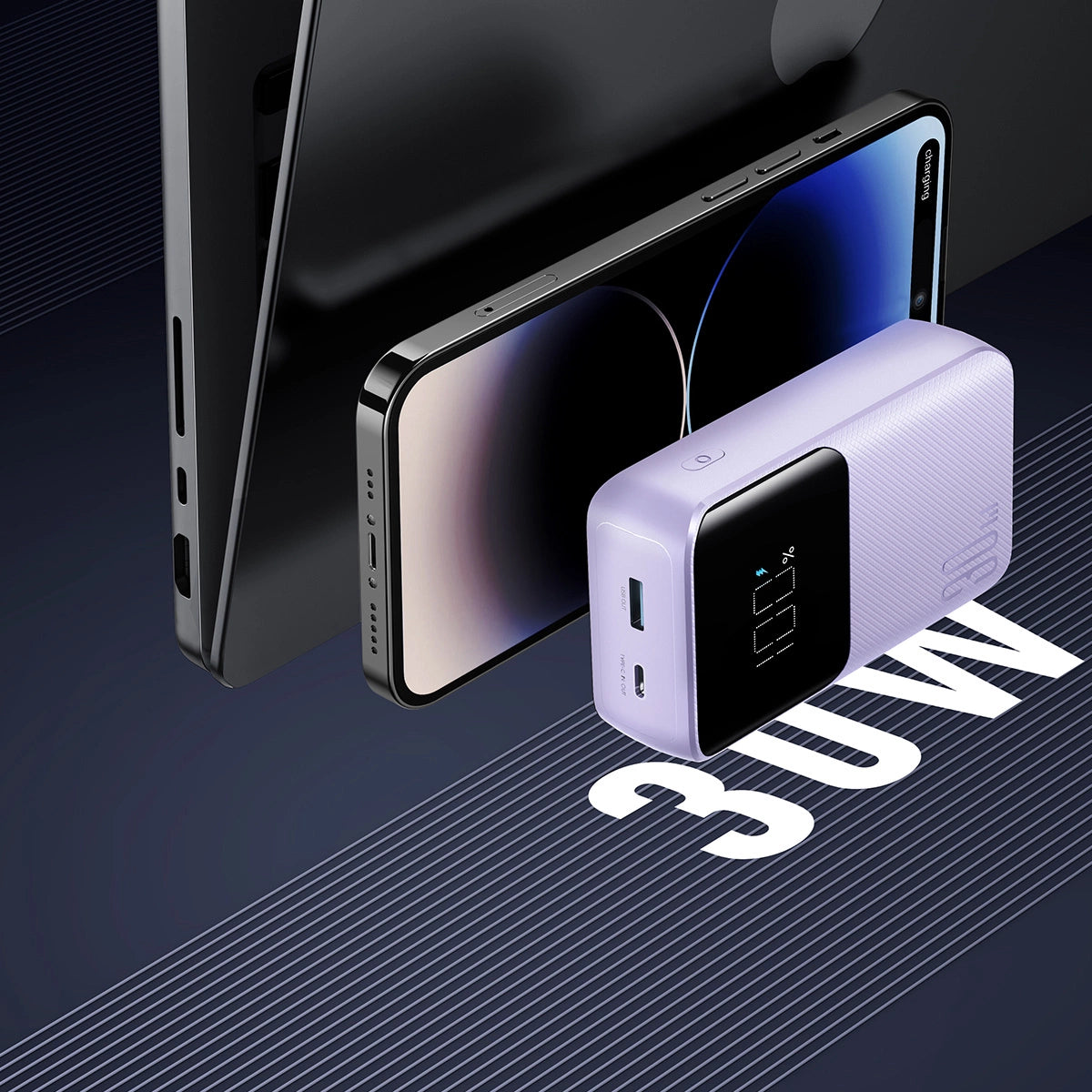 Joyroom JR-PBC06 mini powerbank med indbygget USB-C / Lightning kabler 30W 10000mAh - lilla