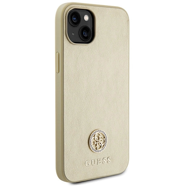 Guess læder 4G Metal Logo Strass-hylster til iPhone 15 - guld