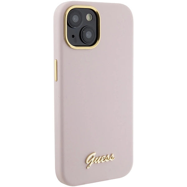 Guess Silicone Script Metal Logo & Frame case for iPhone 15 - pink
