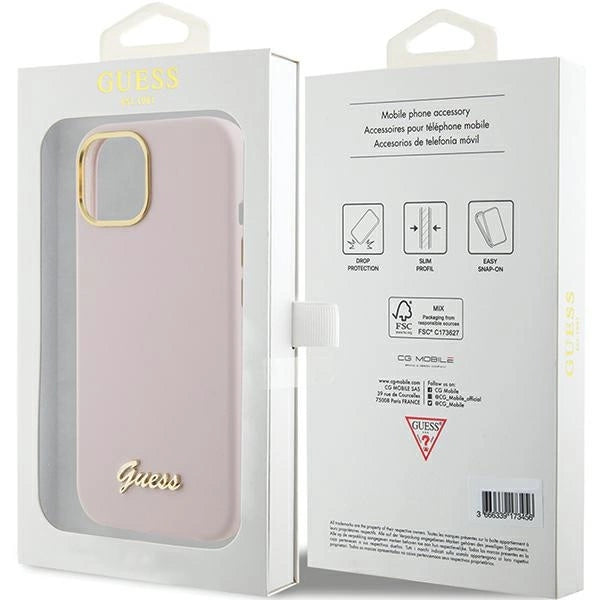 Guess Silicone Script Metal Logo & Frame case for iPhone 15 - pink