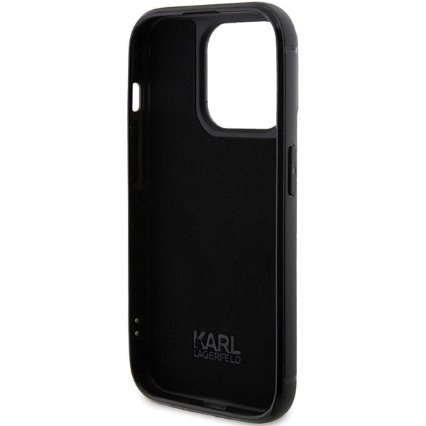 Karl Lagerfeld Rhinestone Logo Metal Plate case for iPhone 15 Pro - black