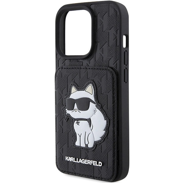 Karl Lagerfeld Saffiano Cardslots and Stand Monogram Choupette Case for iPhone 15 Pro - Black