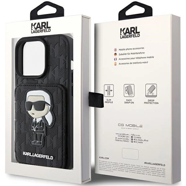 Karl Lagerfeld Saffiano Cardslots and Stand Monogram Ikonik Patch case for iPhone 15 Pro - black
