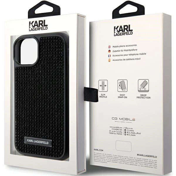 Karl Lagerfeld Rhinestone Logo Metal Plate case for iPhone 15 - black
