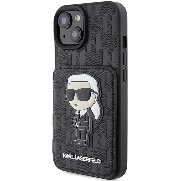 Karl Lagerfeld Saffiano Cardslots and Stand Monogram Ikonik Patch case for iPhone 15 - black