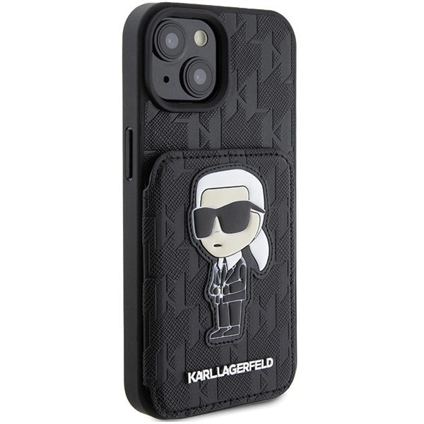 Karl Lagerfeld Saffiano Cardslots and Stand Monogram Ikonik Patch case for iPhone 15 - black