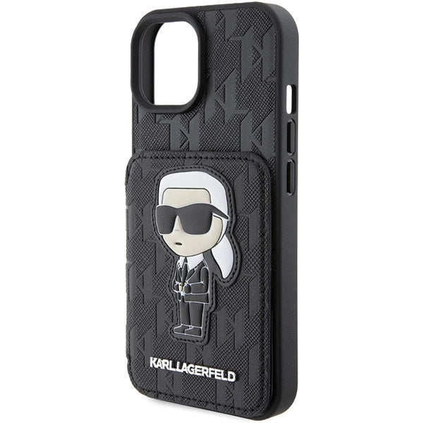 Karl Lagerfeld Saffiano Cardslots and Stand Monogram Ikonik Patch case for iPhone 15 - black