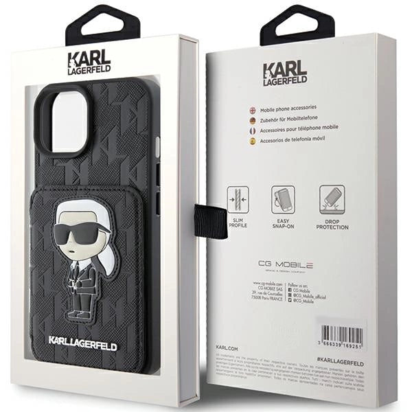 Karl Lagerfeld Saffiano Cardslots and Stand Monogram Ikonik Patch case for iPhone 15 - black