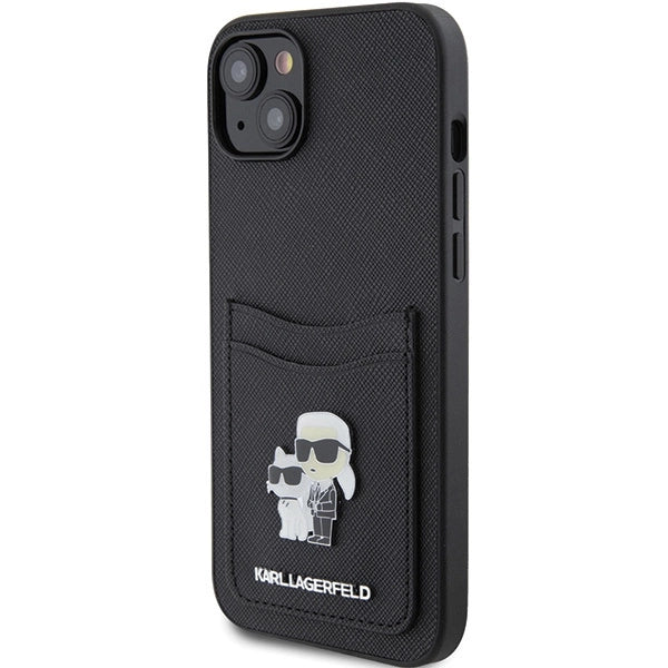 Karl Lagerfeld Saffiano Cardslot Karl&Choupette Metal Pin case for iPhone 15 - black