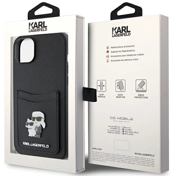 Karl Lagerfeld Saffiano Cardslot Karl&Choupette Metal Pin case for iPhone 15 - black