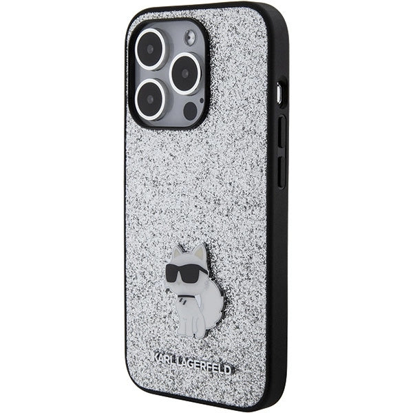 Karl Lagerfeld Fixed Glitter Choupette Logo Metal Pin Case for iPhone 15 Pro Max - Silver