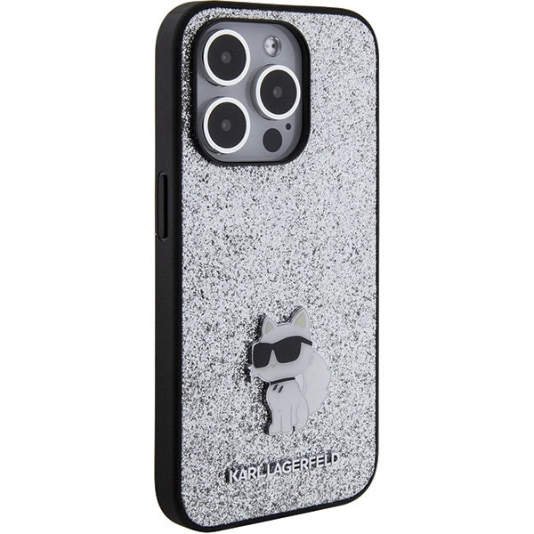 Karl Lagerfeld Fixed Glitter Choupette Logo Metal Pin Case for iPhone 15 Pro Max - Silver