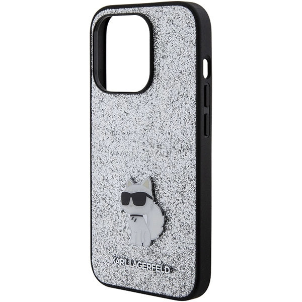 Karl Lagerfeld Fixed Glitter Choupette Logo Metal Pin Case for iPhone 15 Pro Max - Silver